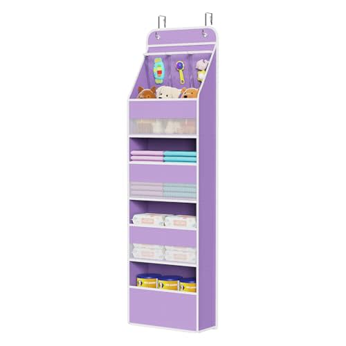 Univivi 5-Shelf Fabric Door Storage Over Door Hanging Organizer with 4 Large Pockets and 3 Small PVC Pockets Nursery Closet Cabinet Wall Mount Hanging Storage Organizers for Baby Nursery (Purple)