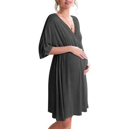 Ekouaer 3 in 1 Labor/Delivery/Hospital Gown Maternity Dress Nursing Nightgown Sleepwear for Breastfeeding, Dark Gray, size medium