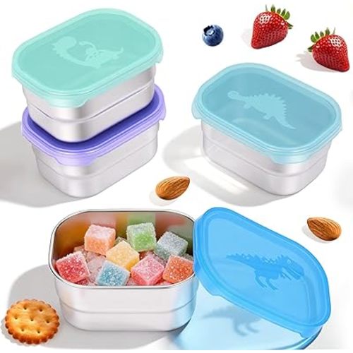 4×8oz Small Stainless Steel Snack Containers for Kids & Toddlers - 230mL Leakproof Food Containers with Cute Dino Lids | LFGB Certified, Stackable Metal Snack Box for Daycare, School, Travel