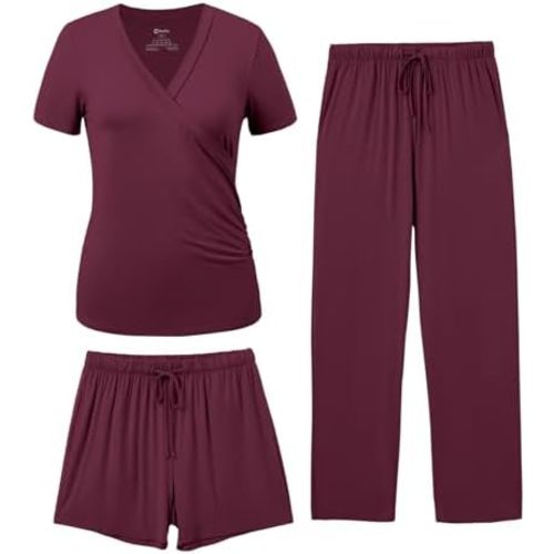 PATPAT 3-Piece Maternity Nursing Pajamas, Pregnancy to Postpartum Breastfeeding Pjs with Pockets, Soft Sleepwear, S-XXL