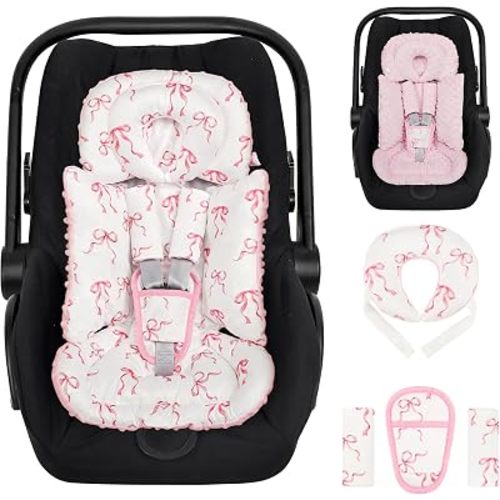 Infant Car Seat Insert, Soft Car Seat Head Support for Baby Girls, Pink Bow
