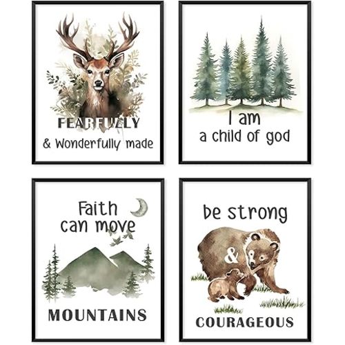 Locomiss Christian Woodland Nursery Wall Art Posters, Woodland Nursery Decor, Rustic Mountain Animal Bible Verse Wall Art Print for Kids Toddler Room Bedroom Playroom Decor, Set of 4 (8x10 Unframed)