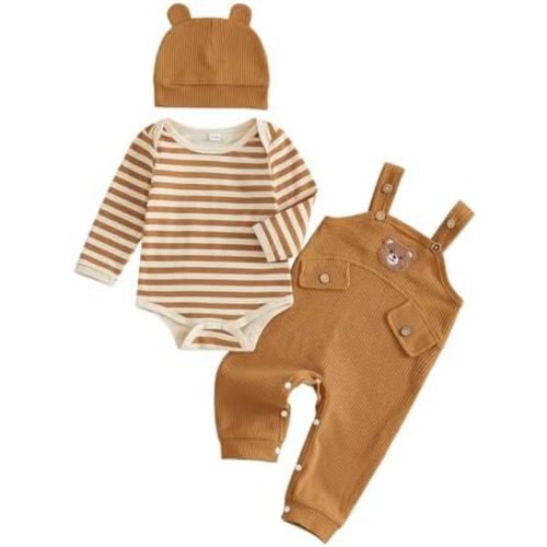 Kupretty Baby Boy Clothes Infant 3pcs Outfit Set Long Sleeve Striped Romper Bear Embroidery Overall Suspender Pants Hat Sets