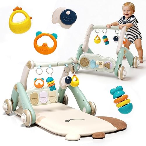 2 in 1 Baby Gym with Walker,Baby Play Mat with 4 Infant Learning Sensory,Double-Sided Multifunctional Removable Play Piano Panel,Sit-to-Stand Learning Walker for 0-24 Months Boy Girl [White]
