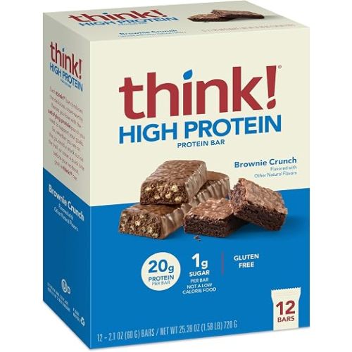 think! Protein Bars, High Protein Snacks, Gluten Free, Sugar Free Energy Bar with Whey Protein Isolate, Brownie Crunch, Nutrition Bars without Artificial Sweeteners, 2.1 Oz (12 Count)