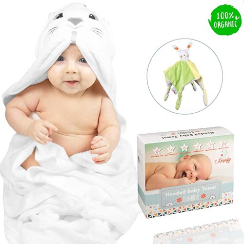 Bamboo Hooded Baby Towel Set – Bunny Design | Organic Baby Bath Hood Towel with Baby Safety Blanket Unisex – Soft Towels for Newborn, Infant and Todlers | Perfect Gift for Boys and Girls