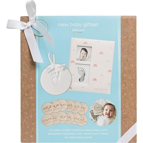 Little Pear New Baby Giftset, Rainbow Baby Keepsake Book with Included Ink Pad, Wooden Monthly Milestone Discs, Newborn Clay Handprint and Footprint Hanging Keepsake