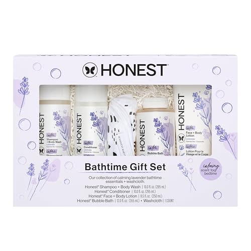 The Honest Company Calming Lavender Bathtime Gift Set Hypoallergenic Bath Essentials for Sensitive Baby Skin Shampoo and Body Wash Face Lotion Bubble Conditioner Cloth