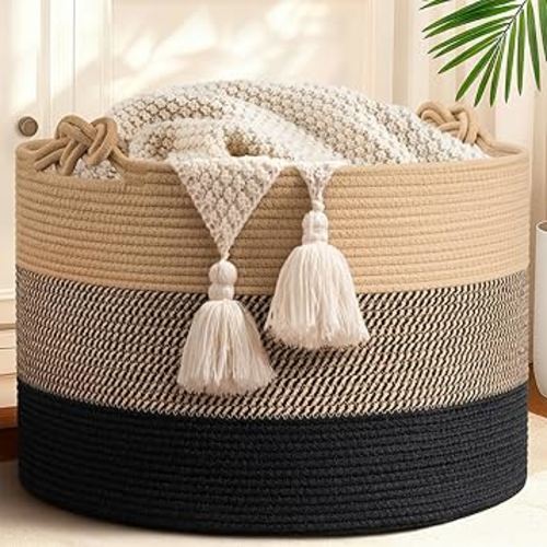 CherryNow 22"x22"x14" Large Blanket Basket, Home Décor for Living Room Bedroom, Decorative Wicker Woven Basket for Clothes, Toy Storage Basket for Kids, Camel Mix & Black