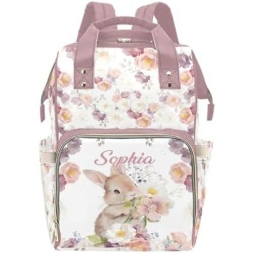 Personalized Floral Rabbit Diaper Bag Backpack with Name – Waterproof Custom Baby Nappy Bag with Large Capacity & Multi Pockets – Shower Gift for Baby for New Parents
