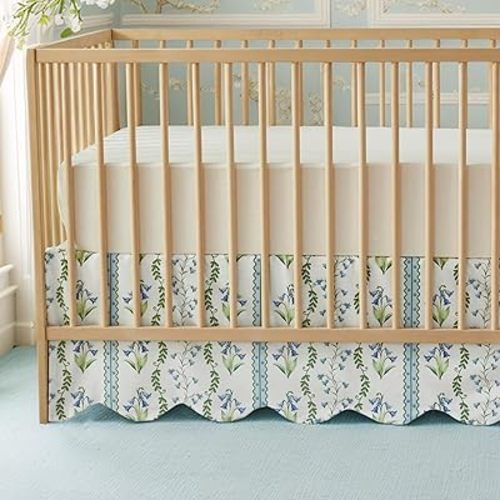 Brandream Scallop Edge Organic Crib Skirt Cotton Toddler Bedskirt Floral Stripes and Vines Baby Nursery Crib Bed Skirt Neutral Vintage Blue Floral Bouquet Farmhouse Chic Boho Bohemian Skirt
