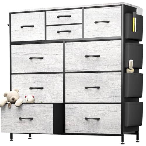 YaFiti 10 Drawer Dresser, Chest of Drawers for Bedroom, Fabric Dresser Drawers with Side Pockets, Hooks, Wooden Top and Sturdy Metal Frame for Living Room, Closet, Hallway (Oak Gray)
