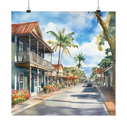 Lahaina Maui Wall Art, Hawaii Watercolor Painting, Streetscape Print, Tropical Art, Hawaiian Travel Poster, US Travel Gifts