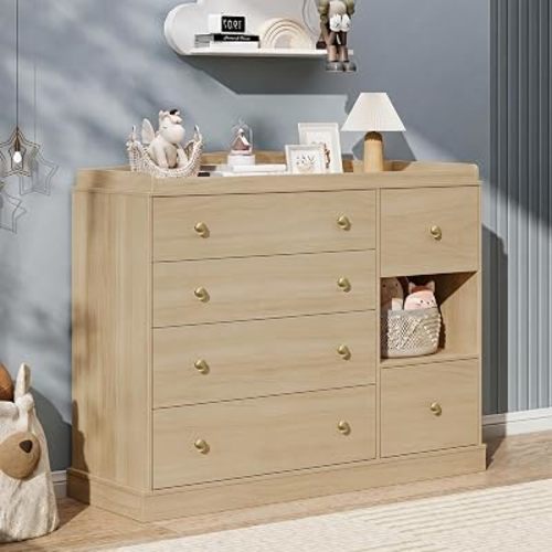 Kids Dresser Cabinet with 6 Drawers, Changing Table for Nursery with Shelf, Multi-Functional Chest of Drawers, Kids Bedroom Furniture, Nightstand for Children's Room, Natural