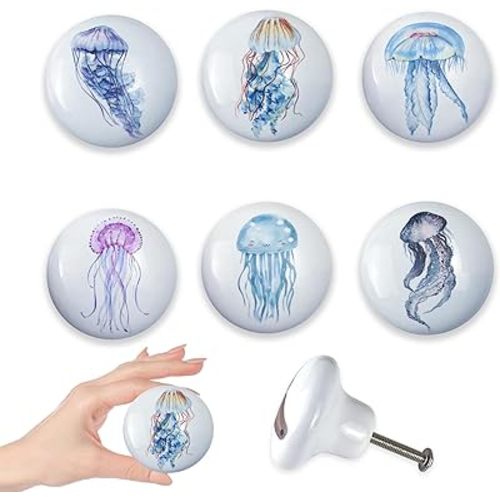 Set of 6 Ceramic Beach Coastal Themed Cabinet Drawer Dresser Knobs Octopus Door Handle and Pulls 1.5 X 1.5 Inches