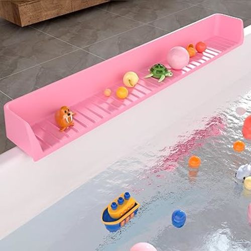 Splash Guard for Bathtub Kids, Silicone Bath Splash Guard Play Shelf, Tub Water Guards Longer Bath Toy Tray Holder, Bath Tub Splash Guard Prevent Water Spills in Bathroom (2.6FT, Pink)