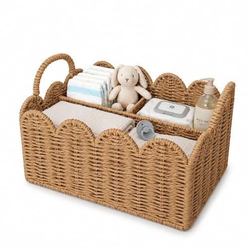 Diaper Caddy Organizer, Paper Rope Storage Baskets Nursery Bin with Removable Divider, Woven Scalloped Portable Car Organizer for Diapers, Baby Shower Gifts, Newborn Essentials Must Haves