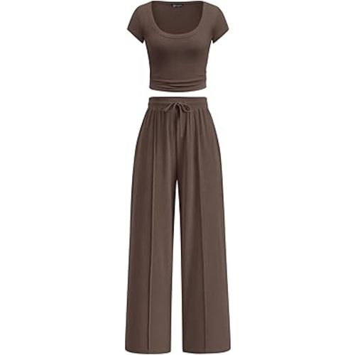 PRETTYGARDEN Women's 2 Piece Matching Lounge Sets Ribbed Short Sleeve Crop Tops Wide Leg Pants 2026 Summer Airport Outfits