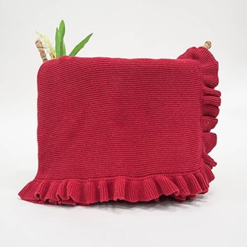 Cotton Baby Blanket with Ruffle Edge Soft Breathable Newborn Blanket for Boys & Girls, Lightweight Knit Throw for Crib, Stroller & Nursery Multiple Colors Available Red 28x36