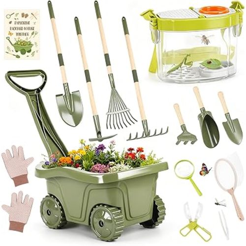 Dreamon Kids Gardening Tools & Bug Catcher Kit, 2-in-1 Outdoor Toys with Wheelbarrow and Bug House, STEM Educational Toys for 3 Year Old, Birthday Gifts Outdoor Gifts for Kids 3-5, Green