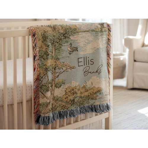 Woodland Nursery Decor Personalized Mallard Duck Woven Blanket Vintage Design Throw Heirloom Keepsake Baby Boy Shower Gift Southern Room