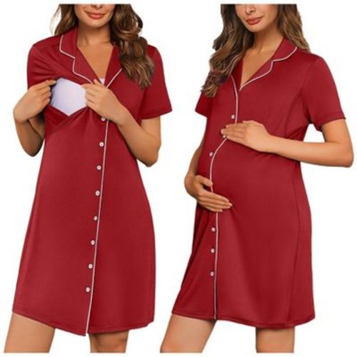 Ekouaer Labor and Delivery Gown for Women, Maternity Hospital Gowns with Button Short Sleeve Nursing Nightgown Pajamas Dress Burgundy L