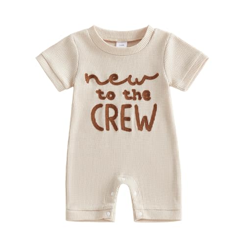allshope Newborn Baby Boy Summer Outfit Romper Letter Embroidery Short Sleeve Jumpsuit Bodysuit Cute Infant Waffle Clothes