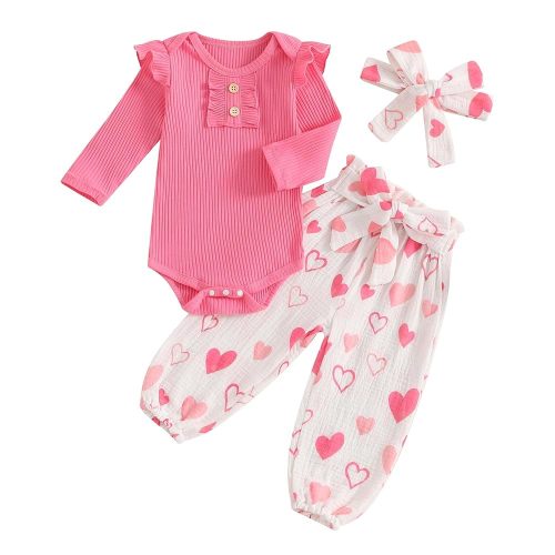 Rtnnsbbfcm Newborn Baby Girl Valentine's + Outfit Long Sleeve Ribbed Romper Heart Print Pants Headband 3Pcs Set
