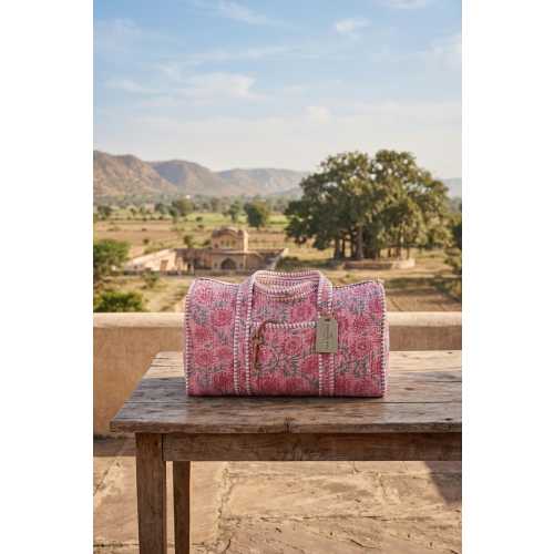 Hand-Block Printed Pink Floral Quilted Duffle Bag, Handmade Cotton Block Print Travel Bag, Indian Weekender Overnight Quilted Travel  Duffle