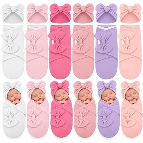 Ramede 6 Pack Baby Swaddle Blankets with Hats,Bow,Solid Color