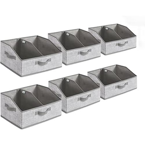 SONGMICS Set of 6 Storage Baskets, Foldable Storage Bins with Removable Dividers, Fabric Boxes, 15.7 x 11.8 x 7.9 Inches, Closet Organizers, 3 Handles, for Living Room, Cattail Gray URFB0140G01