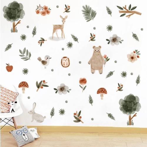 Woodland theme kids room Wall Decals, Fabric Watercolor Room Mural Nursery watercolor Forest Animal Decals Pine trees stickers Baby decor