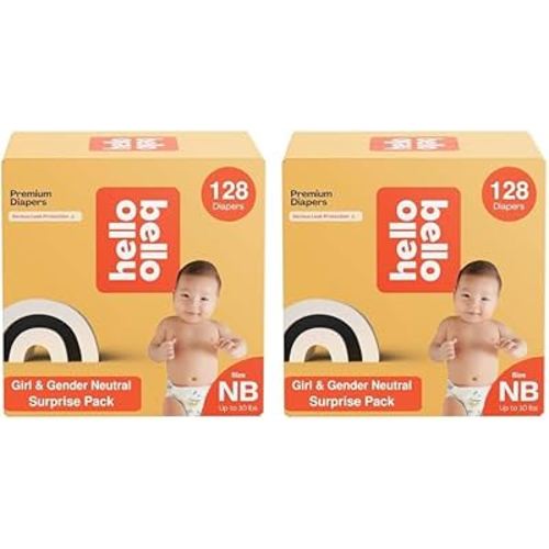 Hello Bello Premium Diapers, Size NB (Up to 10 lbs) Surprise Pack for Girls - 128 Count, Hypoallergenic with Soft, Cloth-Like Feel - Assorted Girl & Gender Neutral Patterns (Pack of 2)