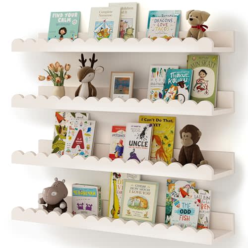 Shario Nursery Book Shelves, 4-Pack White Floating Shelves for Wall Kids, Scalloped Shelves, Wall Book Shelves for Bedroom Kids, Toddler Room, Baby Room, Nursery Decor