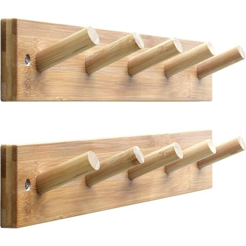 SKOLOO Wooden Wall Mounted Coat Rack,16'' Hole to Hole, 5 Pegs Bamboo Wall Hook for Hanging Clothes Robes Towels Hats,Natural Gold