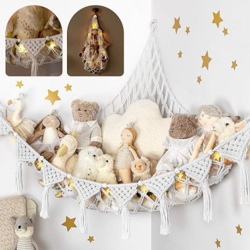 Snow White Macrame DreamLights Boho Stuffed Animal Storage Net (Extra Large) and Hammock for Small Plushies - Pure Cotton
