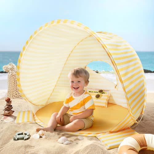 Tiny Land Baby Beach Tent – Pop Up Baby Tent with UV Protection, Portable Baby Beach Essentials, 35.4"x27.6"x31.5" Sun Shelter for Infants, Baby Summer Outdoor Use (Pastel Yellow Stripes)
