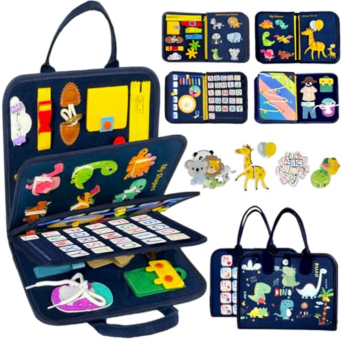 Qizfun Busy Board Montessori Toy for Toddlers, Educational Sensory Learning Toy for Fine Motor Skills, Preschool Travel Toy for Airplane & Car, Gifts for Boys and Girls (Blue/P8)