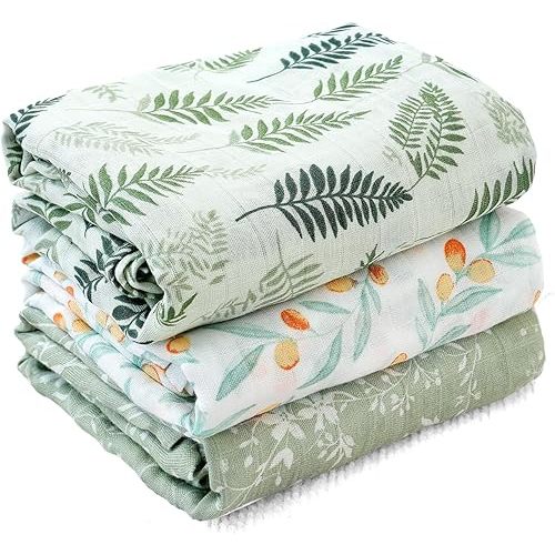 Muslin Swaddle Blankets for Baby Boys and Girls,3 Pack Breathable Soft Receiving Blanket,Large 43.3X 43.3 inches,Newborn Essentials Must Haves (Leaves)