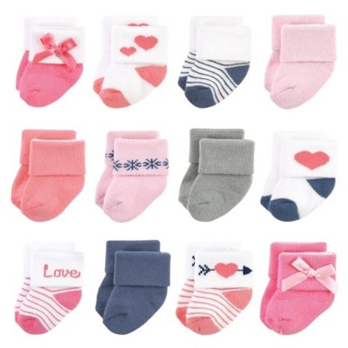 Hudson Baby Infant Girl Cotton Rich Newborn and Terry Socks, Love 12-Pack, 0-6 Months