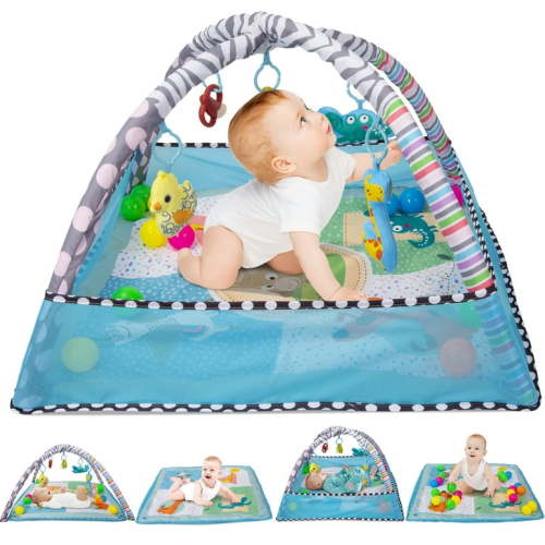 Airhive Baby Play Mat, Baby Gym Activity Mat with Fence, Baby Tummy Time Play Mat with 5 Detachable Toys & Ocean Ball, Baby Sensory Crawling Mat for for Toddler Infant 0-3-6-9-12 Months, Newborn Gift