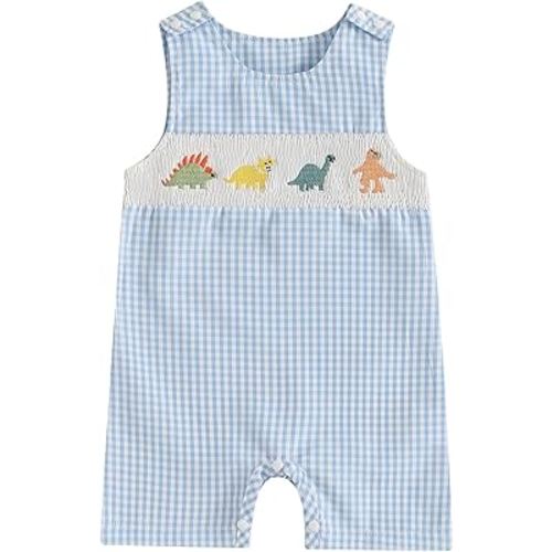 PUHHAPIEY Baby Boy Summer Clothes Sleeveless Embroidery Fishing Gingham Romper Jumpsuit Retro Smocked Shortall