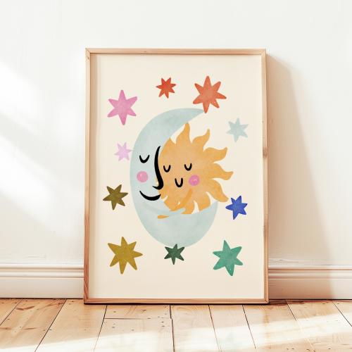 Sun And Moon Print, Colorful Kids Playroom Poster, Toddler Wall Decor, UNFRAMED