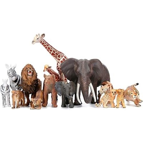 BOLZRA Safari Zoo Animals Figures Toys, 14 Piece Realistic Jungle Animal Figurines, African Wild Plastic Animals with Lion, Elephant, Giraffe Educational Learning Playset for Toddlers, Kids, Children