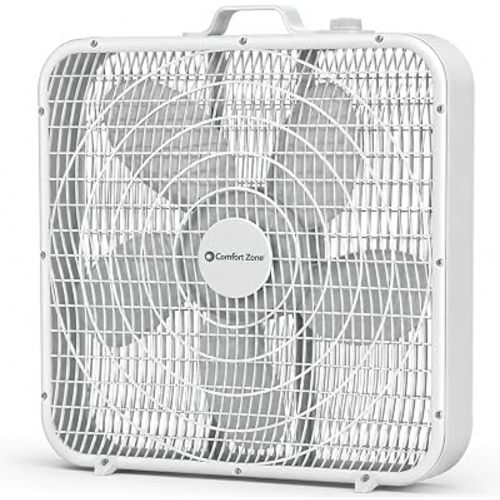Comfort Zone Box Fan with Carry Handle, 20 inch, 3 Speed Full-Force Air Circulation Window Fan, Bedroom Floor Fan with 5 Blades, White Noise Cooling Fan, White