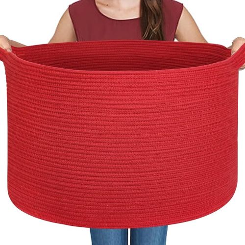 Extra Large Red Basket for Organizing, 22" X 22" X 14" Woven Cotton Rope Bins for Blankets, Baby Nursery Wicker Laundry Basket, Kids Dog Toy Storage Box, Big Red Living Room Decor Organizer
