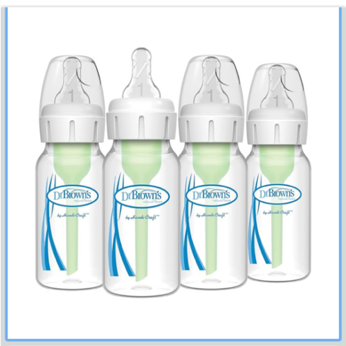 Dr. Brown's Natural Flow Anti-Colic Options+ Narrow Baby Bottle, 4 oz/120 mL, with Level 1 Slow Flow Nipple, 0m+, 4 Bottles