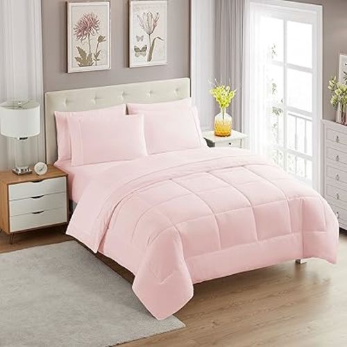Sweet Home Collection 5 Piece Comforter Set Bag Solid Color All Season Soft Down Alternative Blanket & Luxurious Microfiber Bed Sheets, Pale Pink, Twin