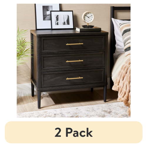 (2 pack) Better Homes & Gardens Oaklee 3 Drawer Nightstand with USB, Charcoal Finish