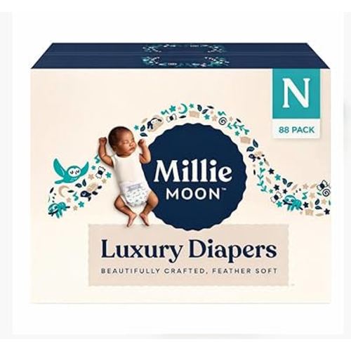 Millie Moon Luxury Disposable Baby Diapers Newborn Size I 88 Count I Ultra Soft Comfort, Absorbent Core for Day & Night Use, Wetness Indicator, Gentle Materials, Secure Fit